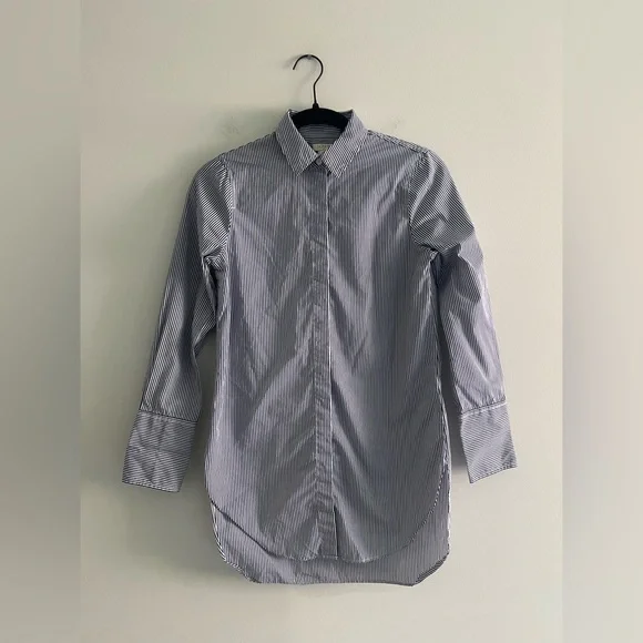 J.Crew Striped Button Down Shirt XXS Blue White Cotton Preppy High Low Hem - Picture 1 of 4